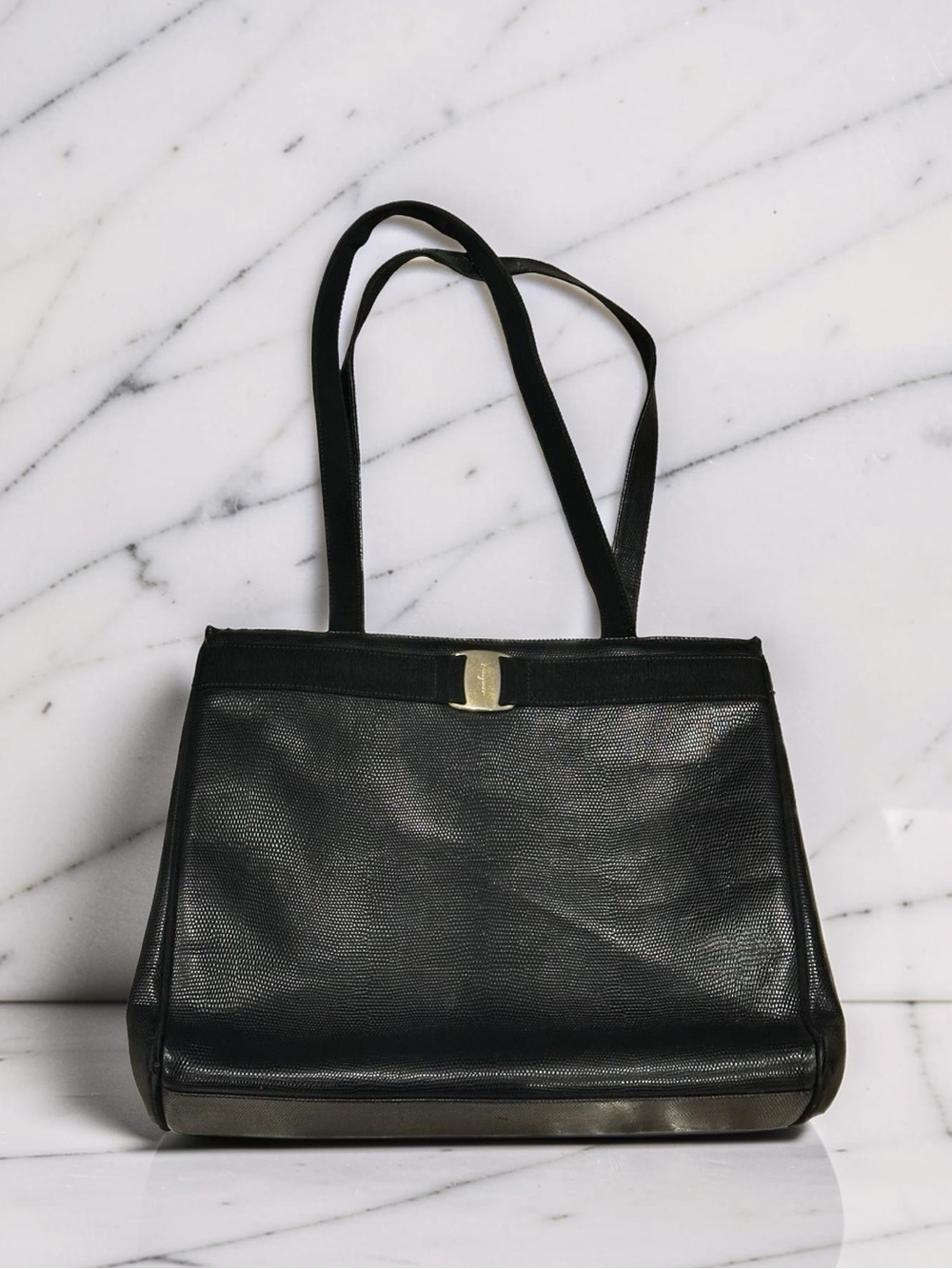 Project Vintage Salvatore Ferragamo lizard embossed vara bow leather tote